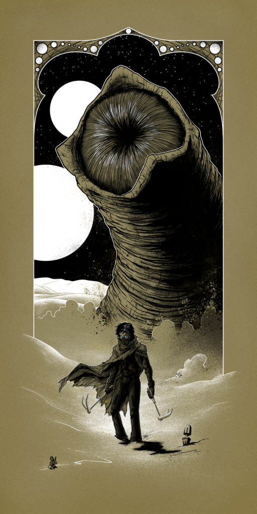 Dune Art. Paul Atreidies, now Muad'dib to the Fremen, prepares to ride Shai-Hulud, a sandworm of Arrakis. A thumper calls the worm closer to Paul as a kangaroo mouse bounds away. The two moons of Arrakis are eclipsed by the giant sandworm as it breaches the sand. Surrounding the artwork is an intricate border reminiscent of the Imperium's planets and the paths of the Spacing Guild's navigators. Fan art of the novel Dune by Frank Herbert, illustrated by C. Lor.