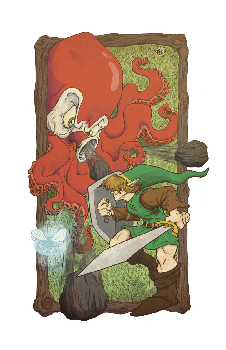 Legend of Zelda art by C.Lor. Link uses his shield to combat a red octorok. Navi helplessly flies nearby. The scene is framed by a wooden border. Inspired by the Nintendo video game, The Legend of Zelda.