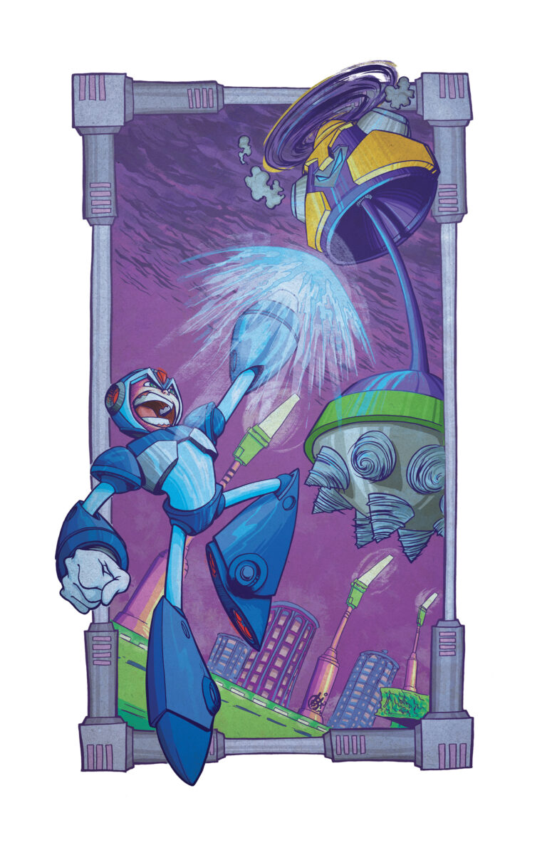 Mega Man X art by C.Lor - Mega Man leaps into the air blasting a crusher as it drops it spikes onto the highway below. Inspired by the first level in Mega Man X by Nintendo. A techy border frames the battle and the futuristic city beyond.
