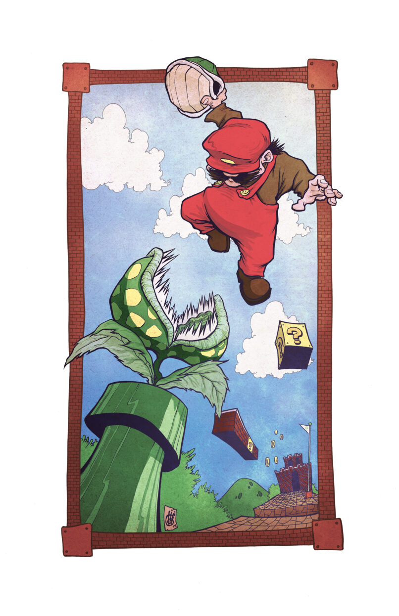 Super Mario art by C.Lor. Super Mario throwing a shell at a piranha plant on the first level of Super Mario Bros for Nintendo. Bricks border the scene and lead the way to the castle in the background.