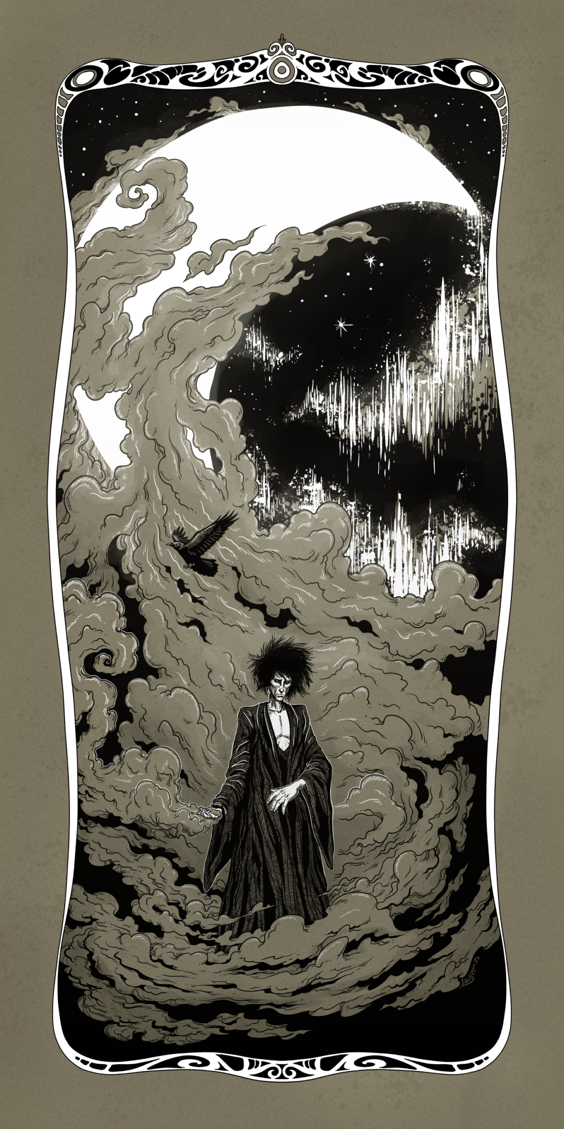 Artwork of Morpheus, the Sandman, also known as Dream of the Endless, stands in a swirl of sand revealing a nighttime dreamworld. The fanart illustration is wrapped in an intricate border with Dream's symbols of power. Inspired by Neil Gaiman's The Sandman series, fan artwork illustrated by C.Lor.